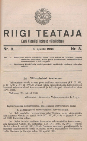 Riigi Teataja. Eesti Vabariigi lepingud välisriikidega ; 8 1939-04-06