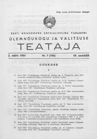 Eesti Nõukogude Sotsialistliku Vabariigi Ülemnõukogu ja Valitsuse Teataja ; 7 (700) 1984-03-02