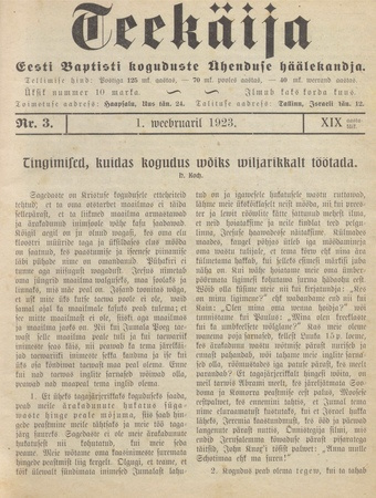 Teekäija : Eesti Baptisti Koguduse Ühenduse häälekandja ; 3 1923-02-01