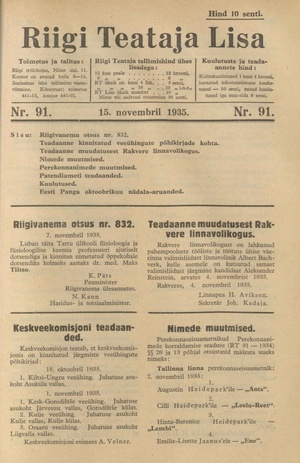 Riigi Teataja Lisa : seaduste alustel avaldatud teadaanded ; 91 1935-11-15