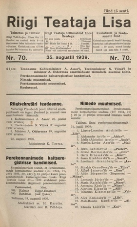 Riigi Teataja Lisa : seaduste alustel avaldatud teadaanded ; 70 1939-08-25