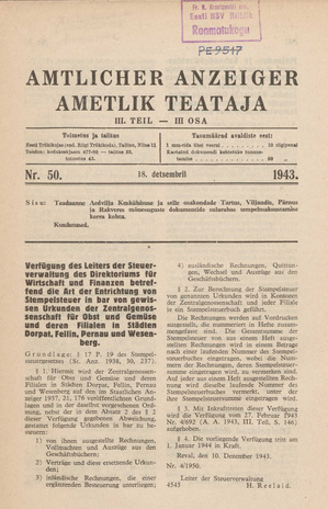 Ametlik Teataja. III osa = Amtlicher Anzeiger. III Teil ; 50 1943-12-18