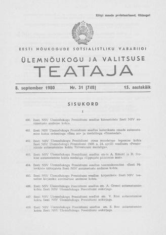 Eesti Nõukogude Sotsialistliku Vabariigi Ülemnõukogu ja Valitsuse Teataja ; 31 (748) 1980-09-08