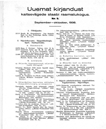 Uuemat Kirjandust Kaitsevägede Staabi raamatukogus ; 5 1936