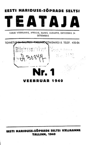 Eesti Haridussõprade Seltsi Teataja ; 1 1940-02