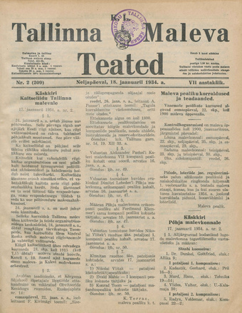 K. L. Tallinna Maleva Teated ; 2 (209) 1934-01-18