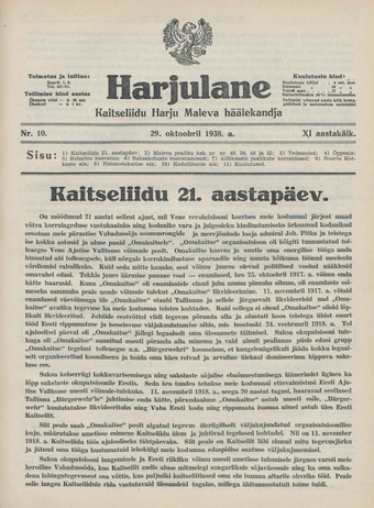 Harjulane : Kaitseliidu Harju Maleva häälekandja ; 10 1938-10-29