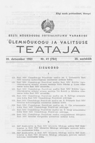 Eesti Nõukogude Sotsialistliku Vabariigi Ülemnõukogu ja Valitsuse Teataja ; 41 (784) 1985-12-20