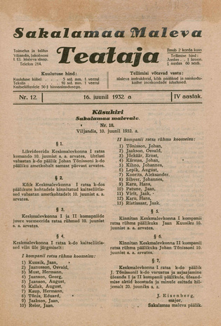 Sakalamaa Maleva Teataja ; 12 1932-06-16