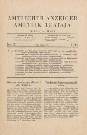 Ametlik Teataja. III osa = Amtlicher Anzeiger. III Teil ; 31 1944-08-18