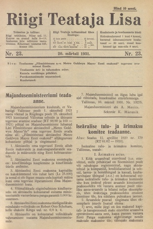 Riigi Teataja Lisa : seaduste alustel avaldatud teadaanded ; 23 1931-03-20