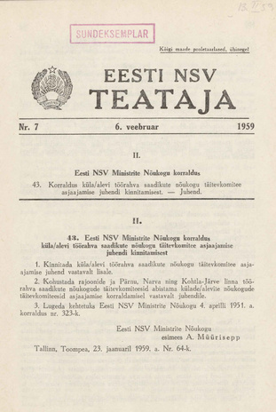 Eesti NSV Teataja = Ведомости Эстонской ССР ; 7 1959-02-06