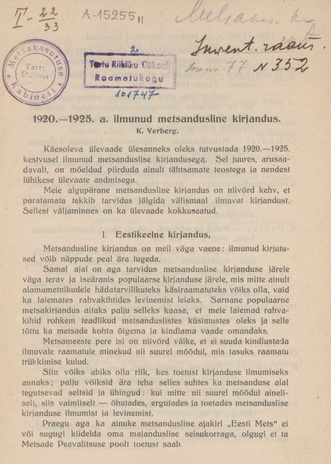 1920.-1925. a. ilmunud metsandusline kirjandus