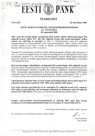 Eesti Pank : teabeleht ; 8 (223) 2001-12-24