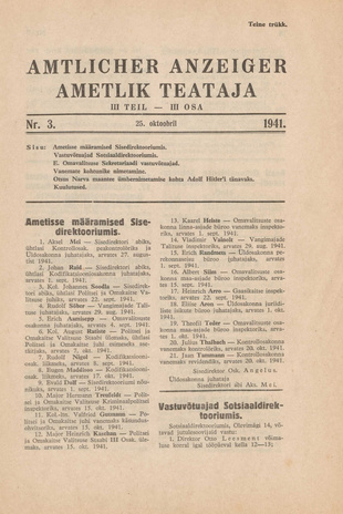 Ametlik Teataja. III osa = Amtlicher Anzeiger. III Teil ; 3 1941-10-25