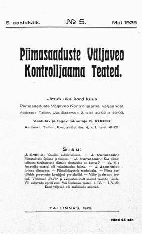 Piimasaaduste Väljaveo Kontrolljaama Teated ; 5 1929-05