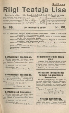Riigi Teataja Lisa : seaduste alustel avaldatud teadaanded ; 88 1939-10-20