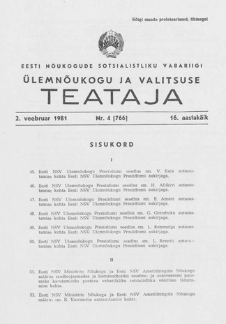 Eesti Nõukogude Sotsialistliku Vabariigi Ülemnõukogu ja Valitsuse Teataja ; 4 (766) 1981-02-02