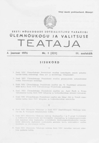 Eesti Nõukogude Sotsialistliku Vabariigi Ülemnõukogu ja Valitsuse Teataja ; 1 (521) 1976-01-04