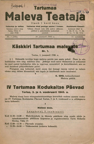 Tartumaa Maleva Teataja ; 1 (250) 1940-01-16