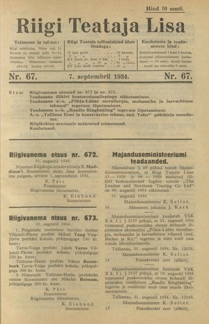 Riigi Teataja Lisa : seaduste alustel avaldatud teadaanded ; 67 1934-09-07