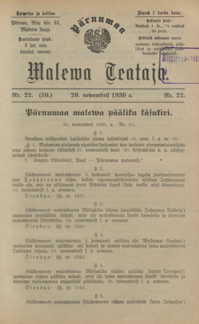 Pärnumaa Maleva Teataja ; 22 (50) 1930-11-29