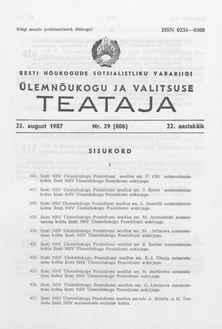 Eesti Nõukogude Sotsialistliku Vabariigi Ülemnõukogu ja Valitsuse Teataja ; 29 (806) 1987-08-25