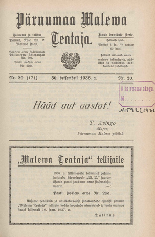 Pärnumaa Maleva Teataja ; 20 (171) 1936-12-30