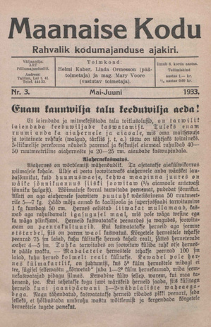 Maanaise Kodu : rahvalik kodumajanduse ajakiri ; 3 1933-05/06