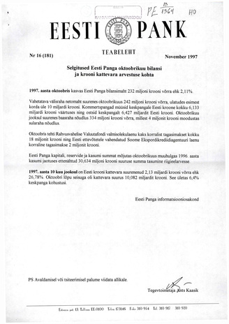 Eesti Pank : teabeleht ; 16 (181) 1997-11