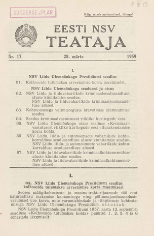 Eesti NSV Teataja = Ведомости Эстонской ССР ; 17 1959-03-28