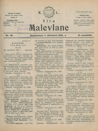 K. L. Viru Malevlane ; 19 1931-10-01