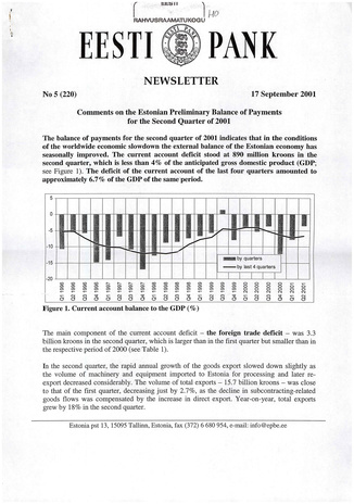 Eesti Pank : newsletter ; 5 (220) 2001-09-17