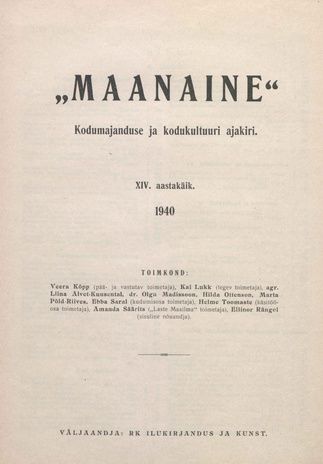 Maanaine : kodumajanduse ja kodukultuuri ajakiri ; sisukord 1940