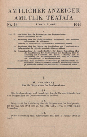 Ametlik Teataja. I/II osa = Amtlicher Anzeiger. I/II Teil ; 13 1944-06-05