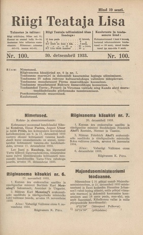 Riigi Teataja Lisa : seaduste alustel avaldatud teadaanded ; 100 1933-12-30