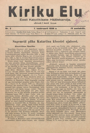 Kiriku Elu : Eesti Katoliiklaste Häälekandja ; 2 1936-02-01