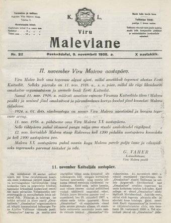 K. L. Viru Malevlane ; 22 1938-11-09