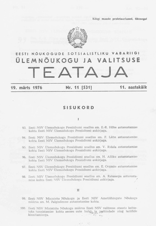 Eesti Nõukogude Sotsialistliku Vabariigi Ülemnõukogu ja Valitsuse Teataja ; 11 (531) 1976-03-19
