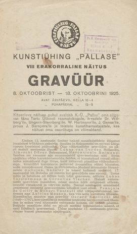 Kunstiühing "Pallase" VIII erakorraline näitus : Gravüür : 8. - 18. okt. 1925