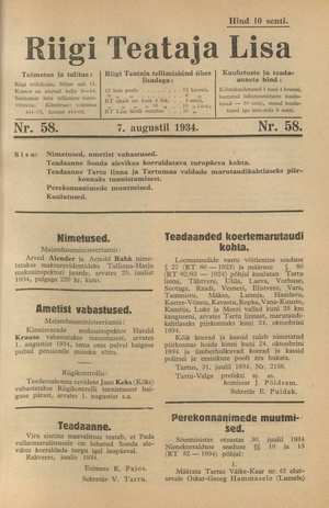 Riigi Teataja Lisa : seaduste alustel avaldatud teadaanded ; 58 1934-08-07