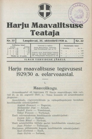 Harju Maavalitsuse Teataja ; 22 1930-10-25