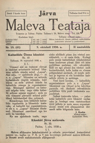 Järva Maleva Teataja ; 19 (41) 1930-10-09