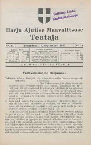 Harju Maavalitsuse Teataja ; 11 1937-09-07