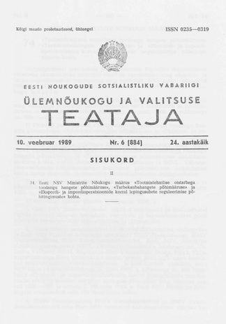 Eesti Nõukogude Sotsialistliku Vabariigi Ülemnõukogu ja Valitsuse Teataja ; 6 (884) 1989-02-10