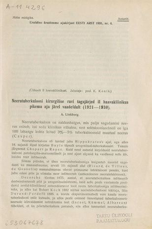 Neerutuberkuloosi kirurgilise ravi tagajärjed II haavakliinikus pikema aja järel vaadeldult (1921-1930)