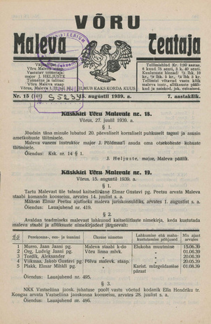 Võru Maleva Teataja ; 15 (148) 1939-08-15