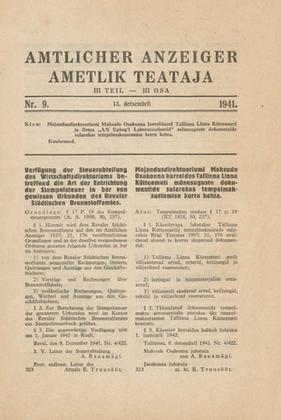 Ametlik Teataja. III osa = Amtlicher Anzeiger. III Teil ; 9 1941-12-13