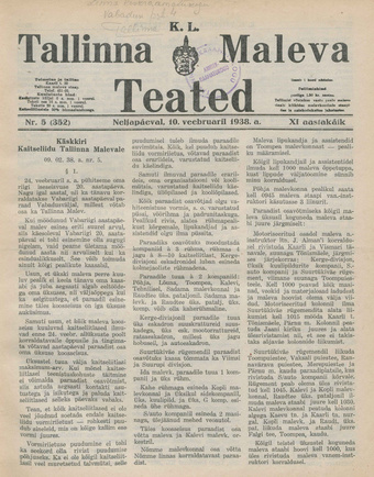 K. L. Tallinna Maleva Teated ; 5 (352) 1938-02-10