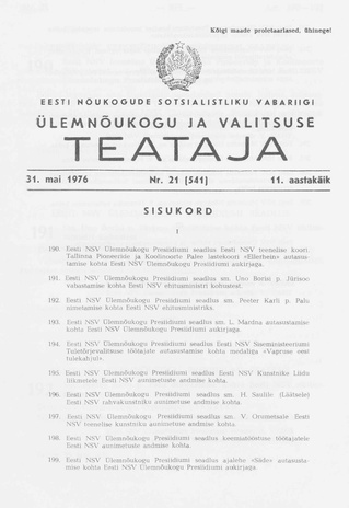 Eesti Nõukogude Sotsialistliku Vabariigi Ülemnõukogu ja Valitsuse Teataja ; 21 (541) 1976-05-31
